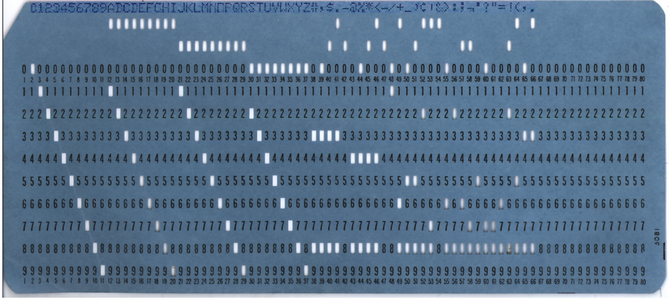 A blank IBM 80-column punched card